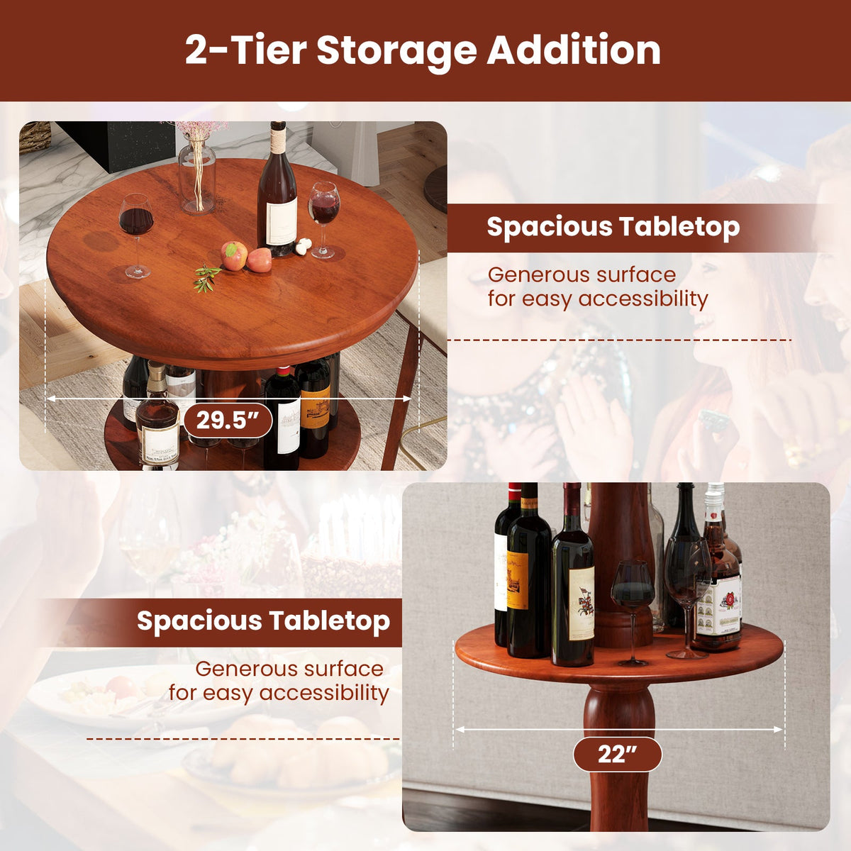 2-Tier Round High Top Bar Table with Storage Shelf and Pedestal Base-Espresso