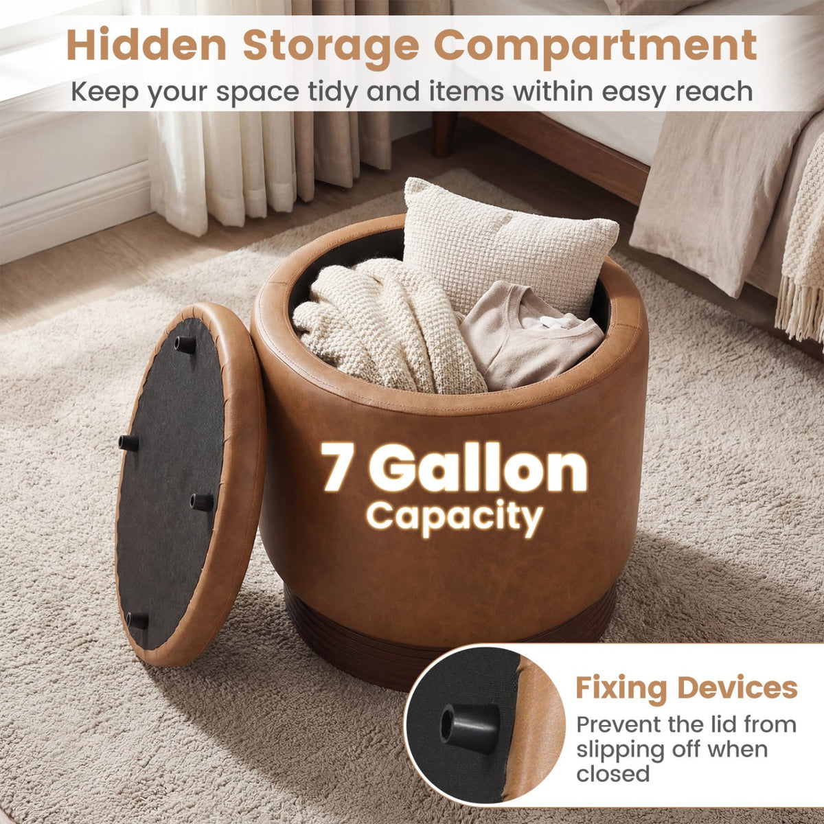 Round Storage Ottoman with Acacia Wood Frame for Living Room and Bedroom