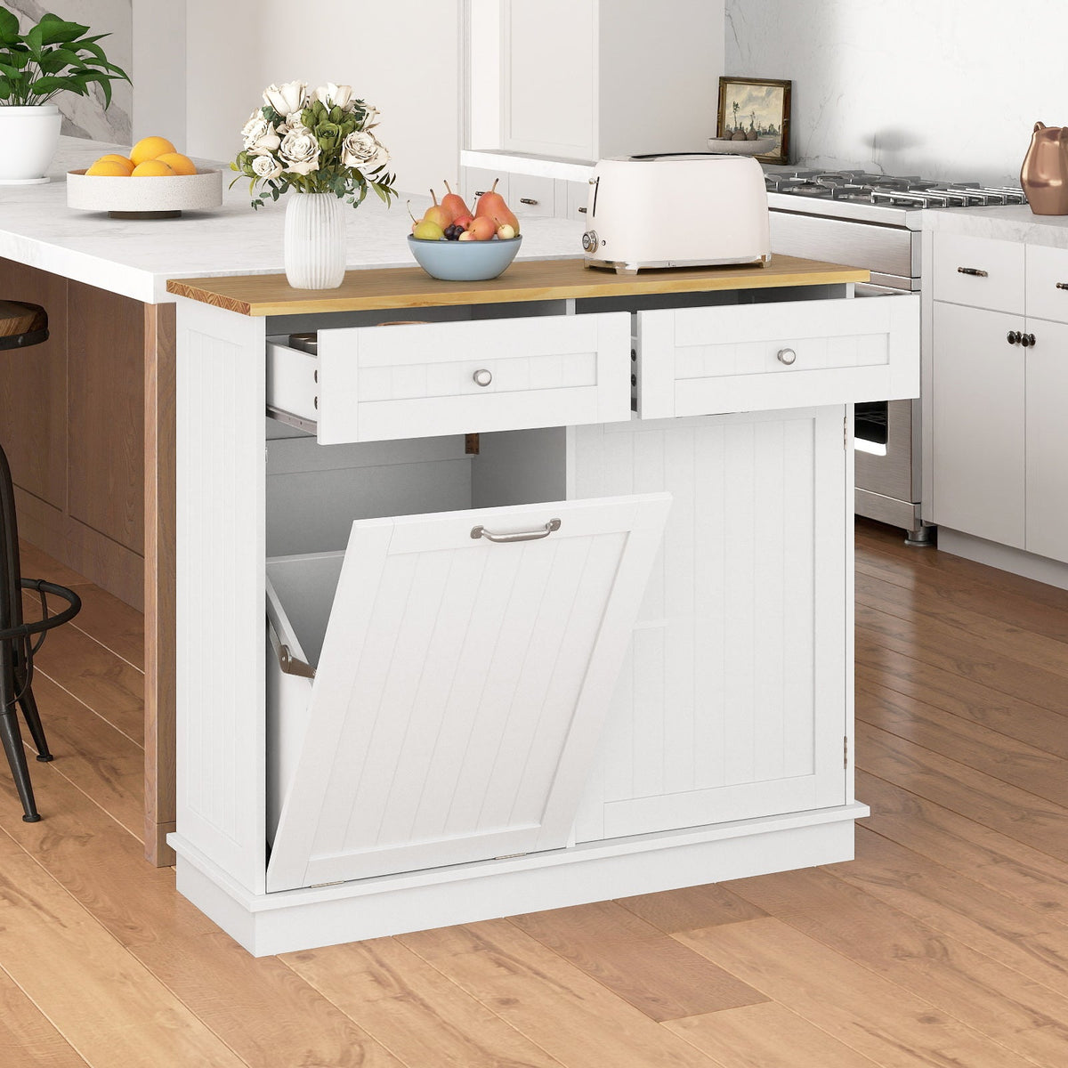 Kitchen Tilt Out Trash Cabinet with 2 Drawers and Adjustable Shelf