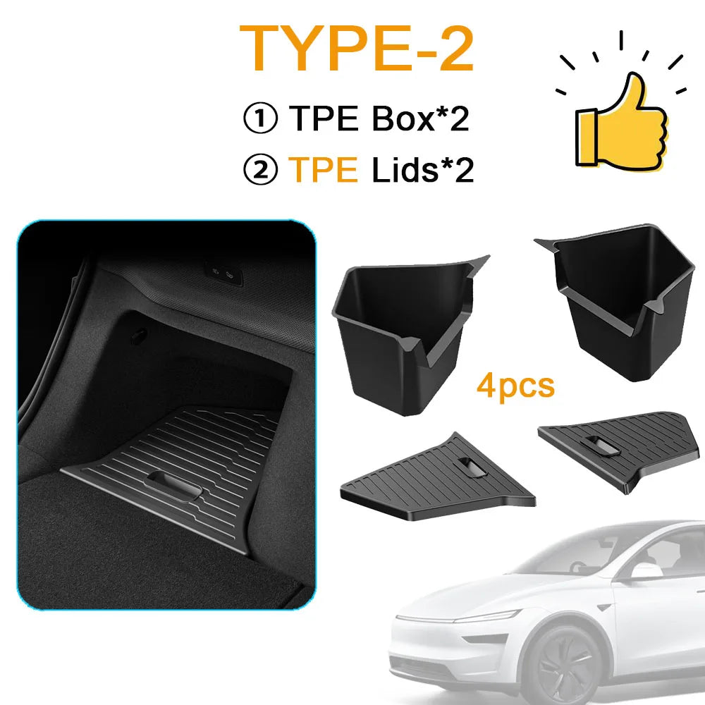 2025 2026 Model Y Juniper Rear Trunk Storage Bins for Tesla Model Y Juniper Trunk Mat Cargo Liner Side Box Organizer Accessories MyPetiteCar.com