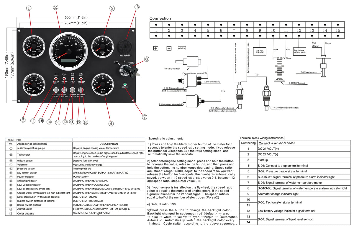 Car Boat Diesel Engine 5 Gauge Instrument Panel Set | GPS Speedometer Tachometer Fuel Oil Pressure Volt MyPetiteCar.com