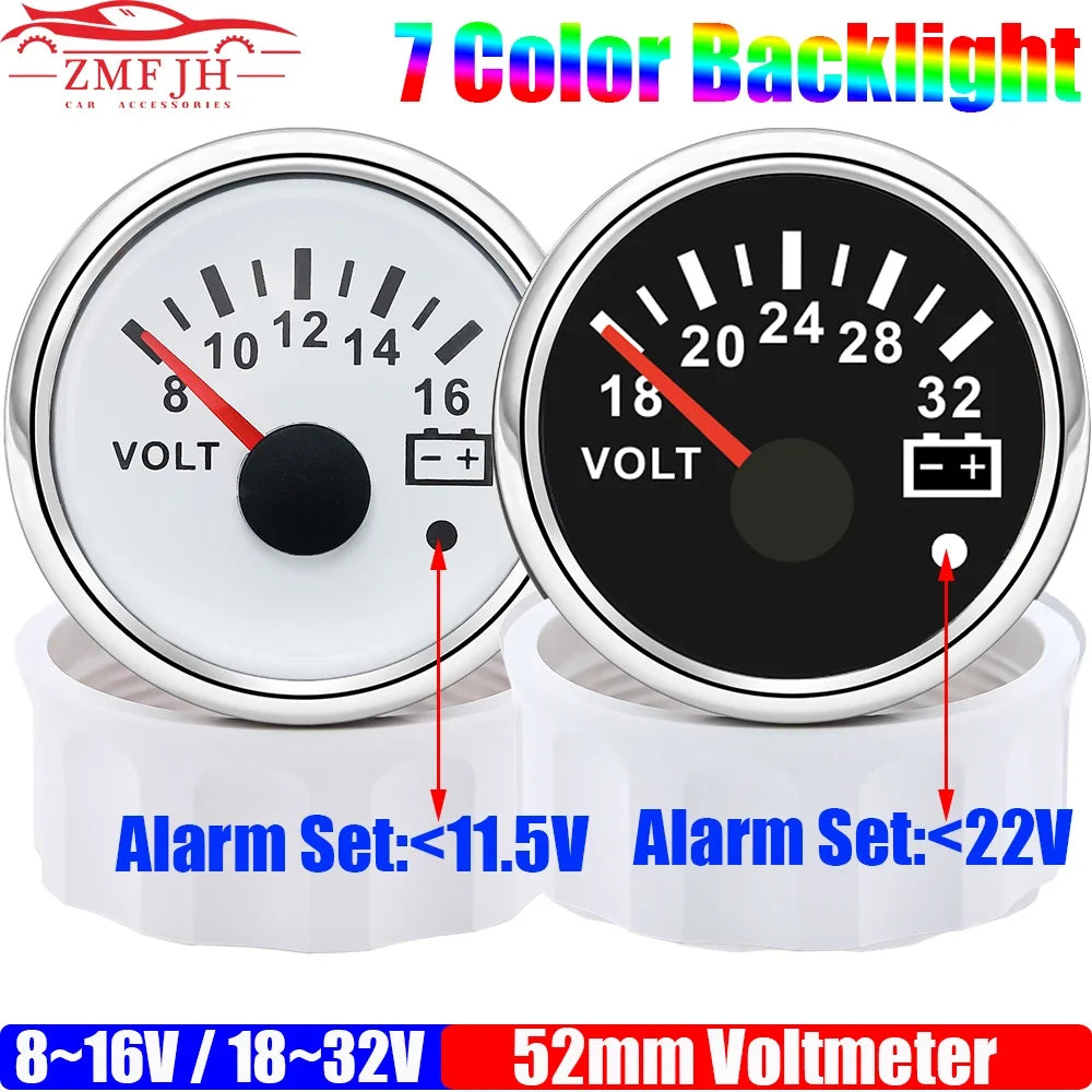 7 Color Backlight 52mm Voltmeter with Alarm | 8-16V / 18-32V for 12V 24V Car Marine MyPetiteCar.com