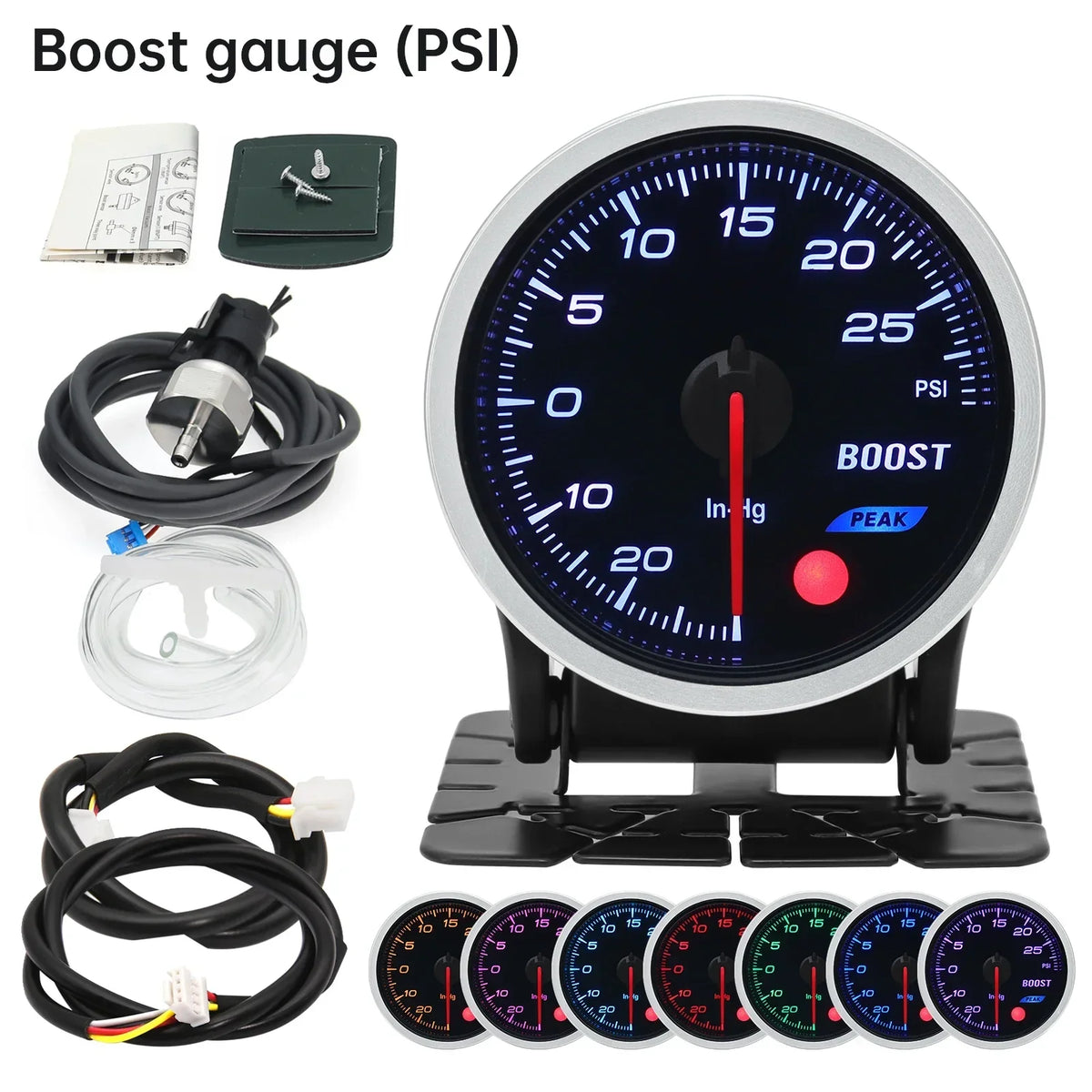 2 Inch 52mm Smoke Lens Turbo Boost Gauge | 8 Color Backlight Car Gauge with Sensor MyPetiteCar.com