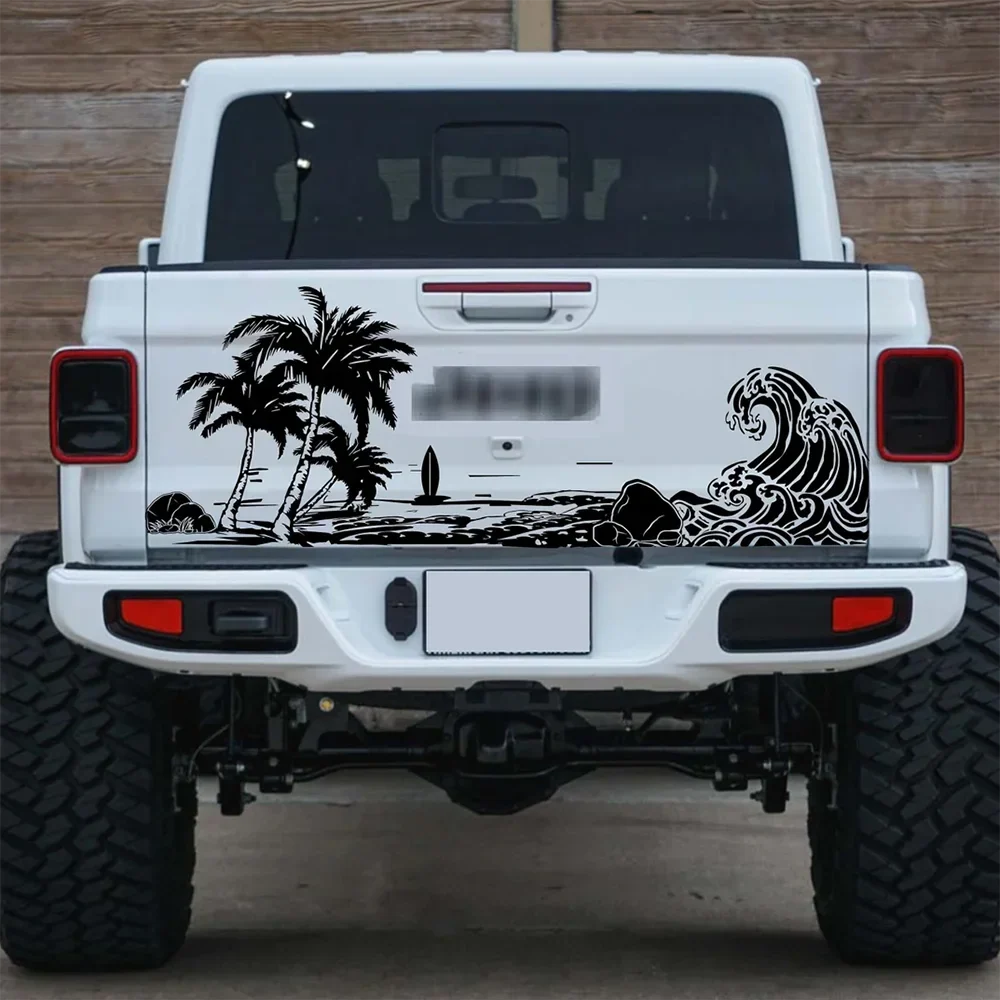 Large Beach Wave Palm Tree Car Sticker Decal | Summer Surf Nature Ocean Landscape for Pickup Tailgate