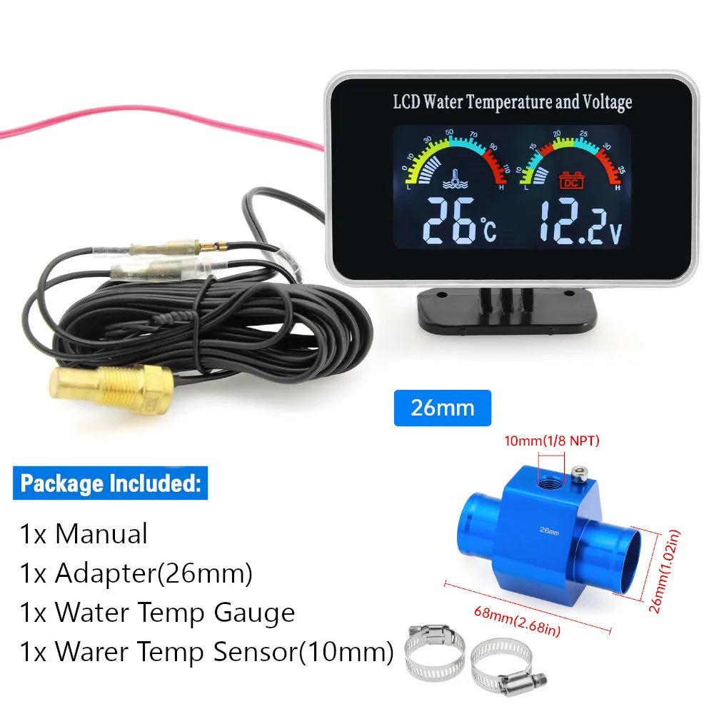 HD Car LCD Water Temperature Meter Thermometer Voltmeter Gauge | 2in1 Temp & Voltage Meter for 12V/24V Vehicles MyPetiteCar.com