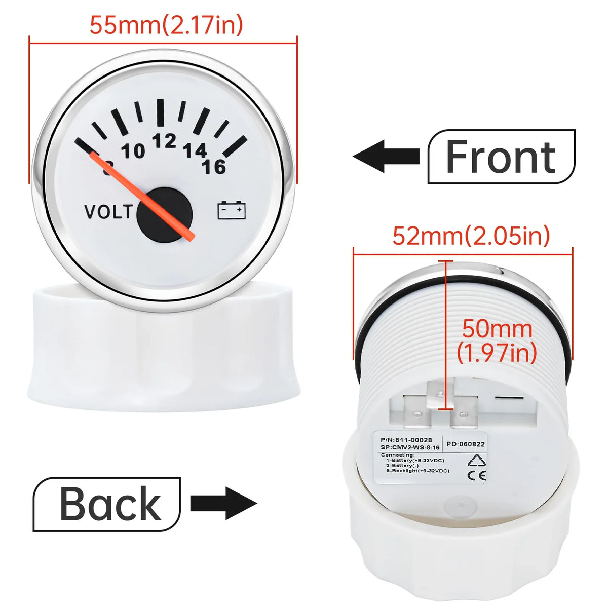 AD Universal 52mm Voltmeter | 8-16V Waterproof Gauge for Car Motorcycle Boat with Red Backlight MyPetiteCar.com