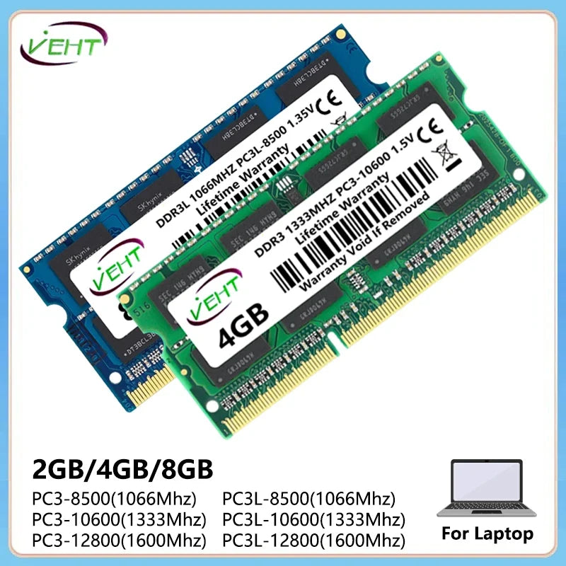 VEHT DDR3 DDR3L 2GB 4GB 8GB SODIMM Memories Ram 8500 10600 12800 204Pin PC3 1.5V PC3L 1.35V 1066 1333 1600Mhz Laptop Memory Ram