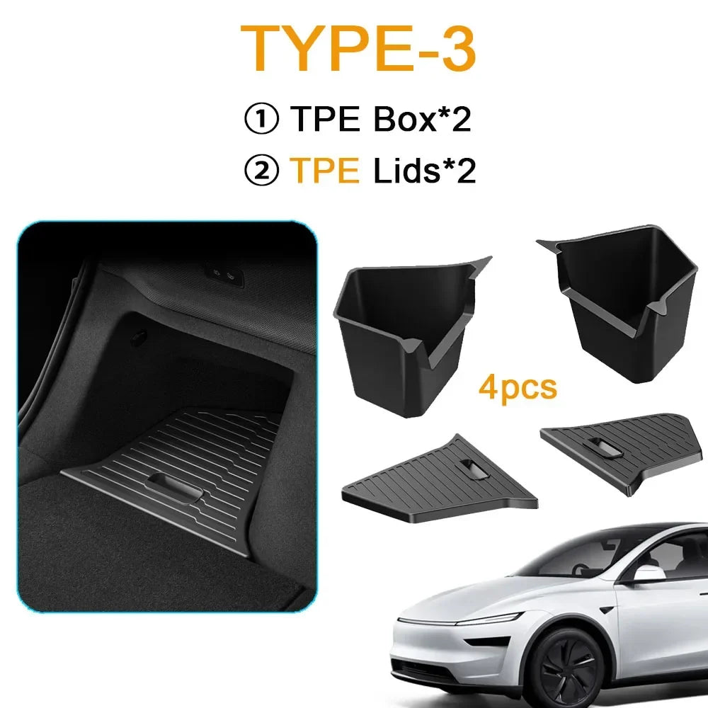 TESMAYX Car Trunk Side Storage Box for Tesla Model Y Juniper 2025 | Flocking TPE Mat Cover Organizer