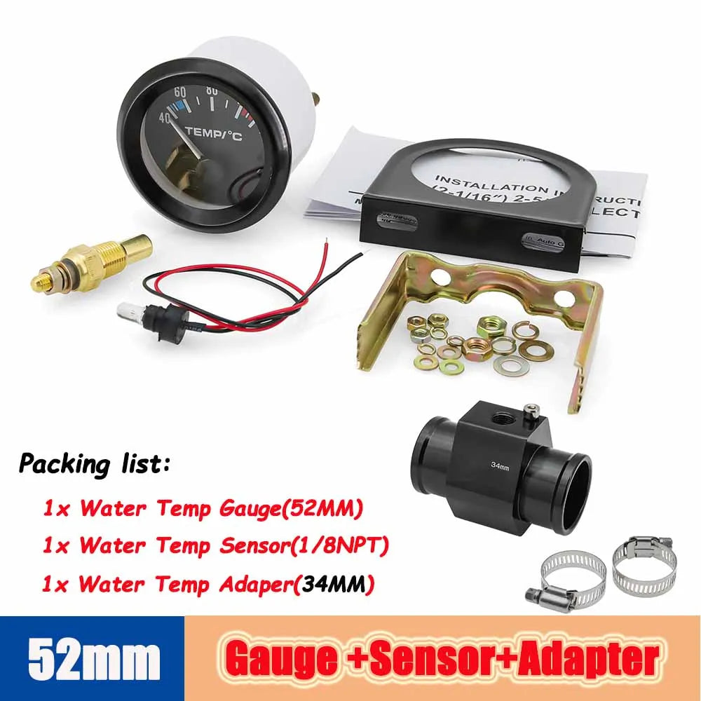 40-120 Celsius Car 52mm Water Temperature Gauge with Adaptor Joint Pipe | Racing 12V Radiator Temp Meter MyPetiteCar.com