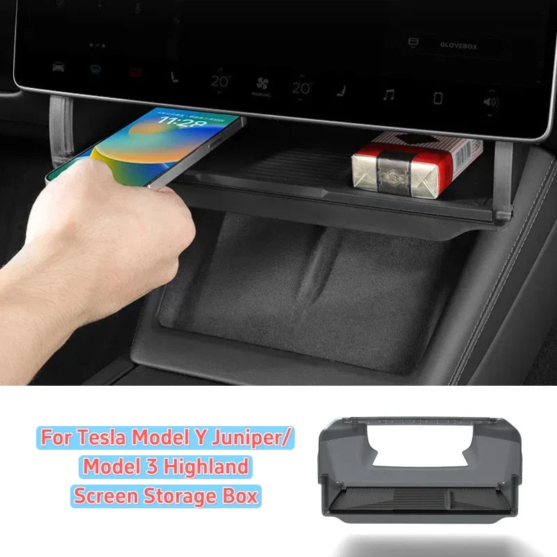Hidden Storage Organizer Tray for Tesla Model Y Juniper and Model 3 Highland | Under Screen Box MyPetiteCar.com