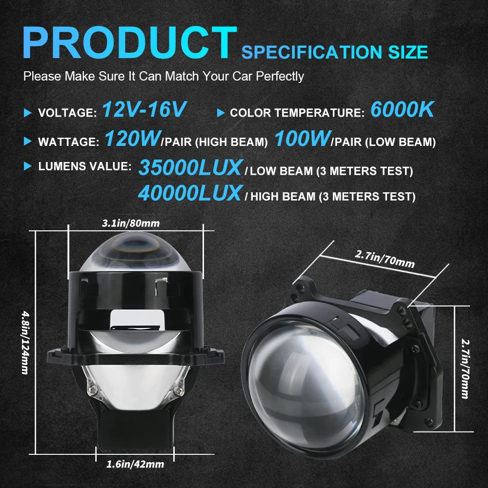 2PCS 3 Inch Bi LED Projector Headlights Lenses | 130W 60000LM Upgrade for Hella LED Lights MyPetiteCar.com