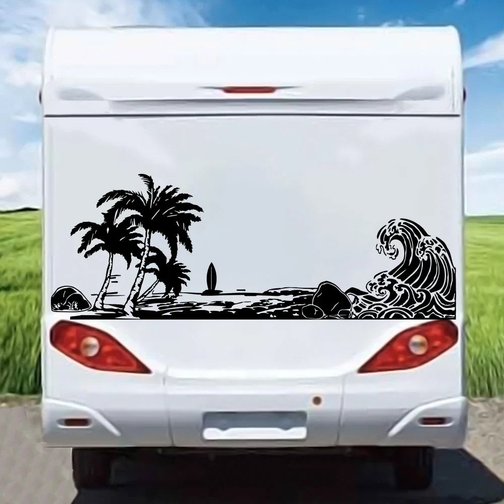 Large Beach Wave Palm Tree Car Sticker Decal | Summer Surf Nature Ocean Landscape for Pickup Tailgate