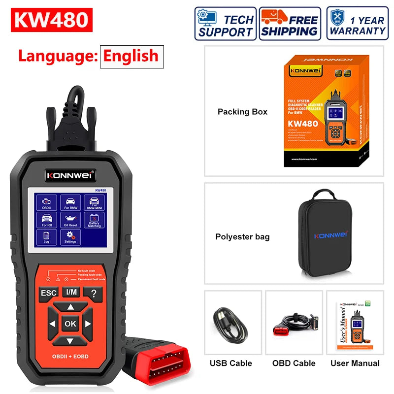 2026 KONNWEI KW480 Full System OBD2 Scanner | BMW Diagnostic Tool with Oil Reset, Airbag, ABS, DPF, SAS, TPMS, EPB Reset MyPetiteCar.com