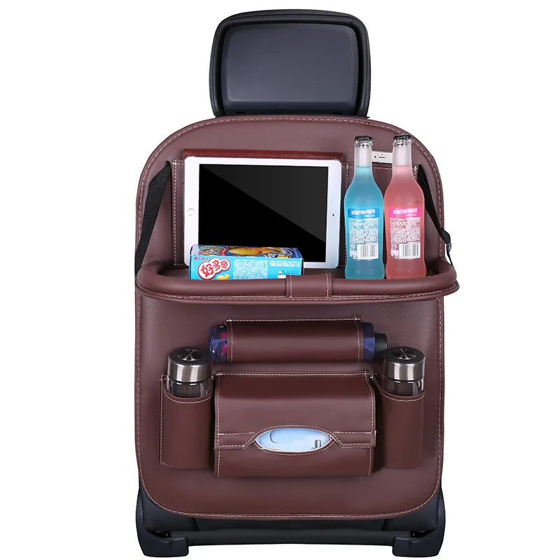 Car Seat Back Organizer PU Leather Foldable Table Tray with Storage Pockets And Kick Mats - Vehicle Interior Accessories MyPetiteCar.com
