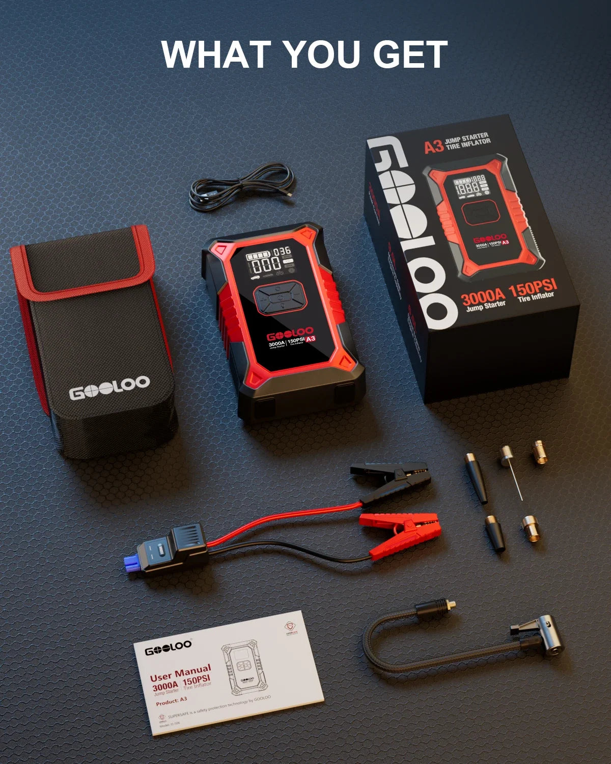 GOOLOO A3 Jump Starter with Air Compressor | 3000A Portable Car Battery Booster and Tire Inflator