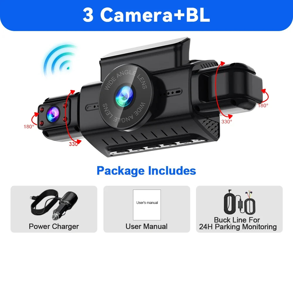 4CH WiFi Dash Cam Front FHD 1080P | 360° Car DVR with Parking Mode