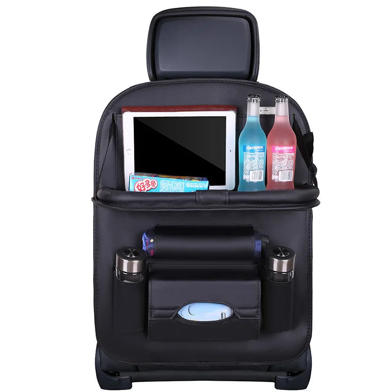 Car Seat Back Organizer PU Leather Foldable Table Tray with Storage Pockets And Kick Mats - Vehicle Interior Accessories MyPetiteCar.com