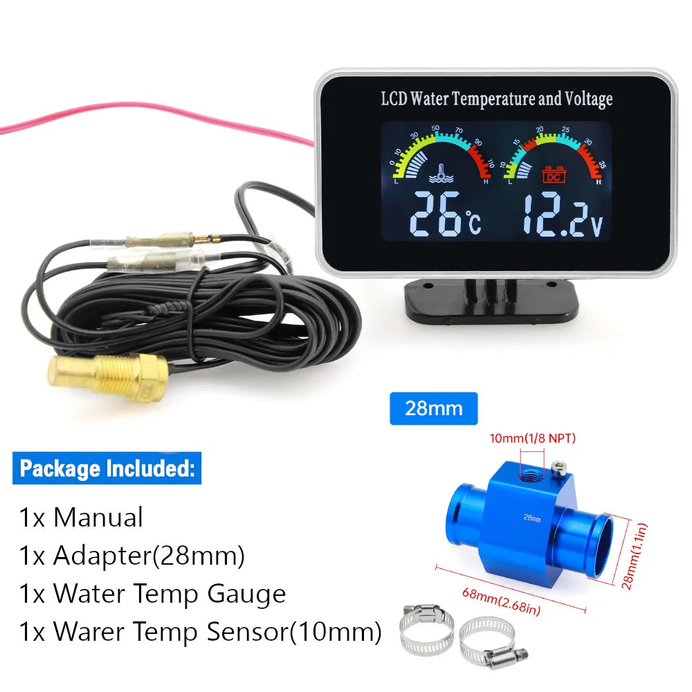 HD Car LCD Water Temperature Meter Thermometer Voltmeter Gauge | 2in1 Temp & Voltage Meter for 12V/24V Vehicles MyPetiteCar.com