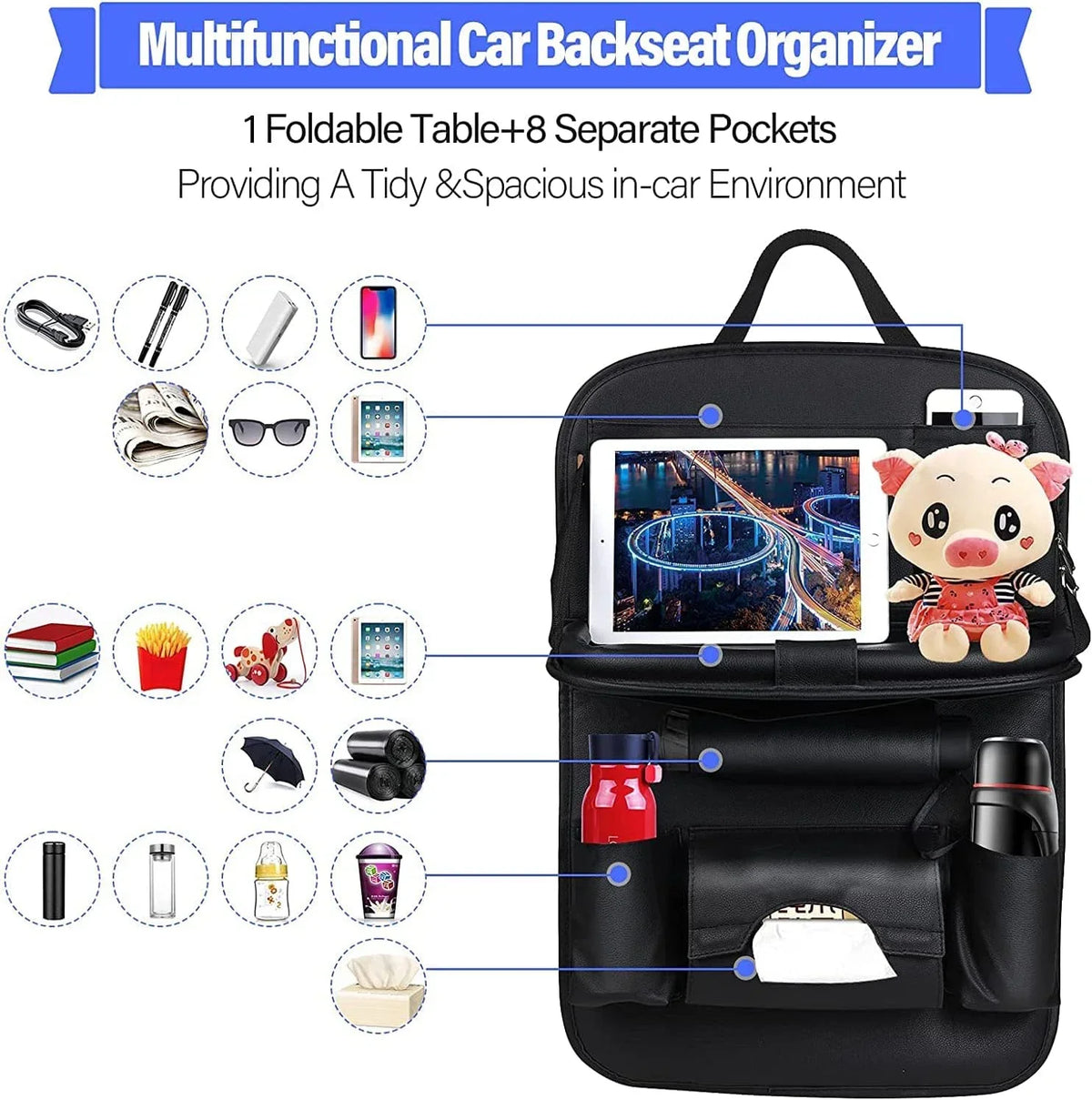 Car Seat Back Organizer PU Leather Foldable Table Tray with Storage Pockets And Kick Mats - Vehicle Interior Accessories MyPetiteCar.com