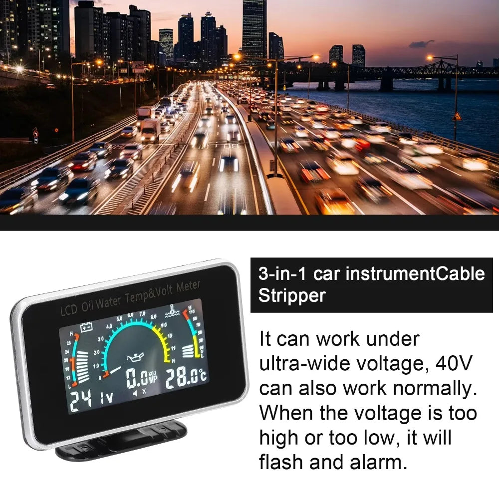 3-in-1 Digital LCD Gauge for Oil Pressure, Water Temp & Voltage | 9-36V