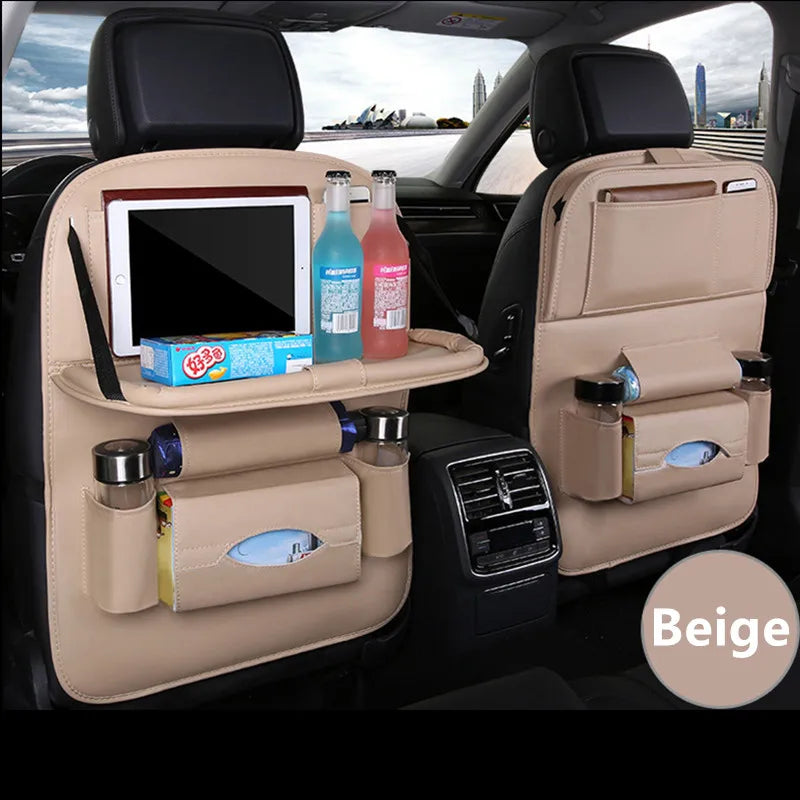 Car Seat Back Organizer PU Leather Foldable Table Tray with Storage Pockets And Kick Mats - Vehicle Interior Accessories MyPetiteCar.com