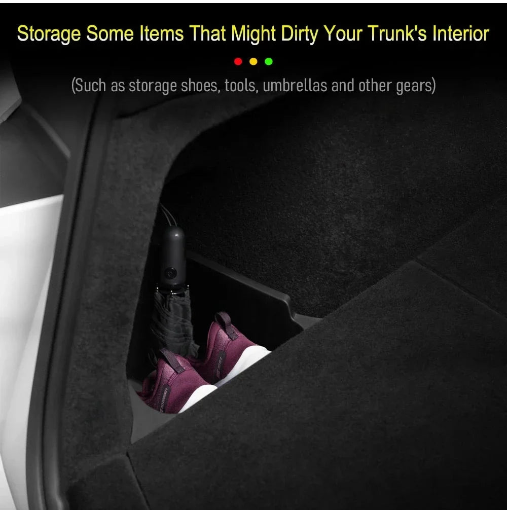 TESMAYX Car Trunk Side Storage Box for Tesla Model Y Juniper 2025 | Flocking TPE Mat Cover Organizer
