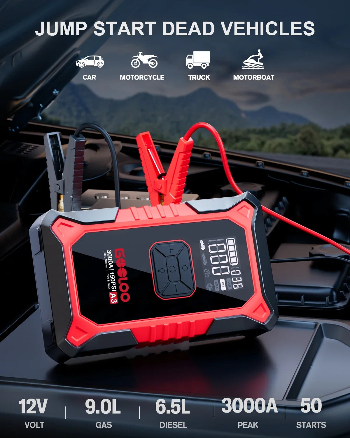 GOOLOO A3 Jump Starter with Air Compressor | 3000A Portable Car Battery Booster and Tire Inflator