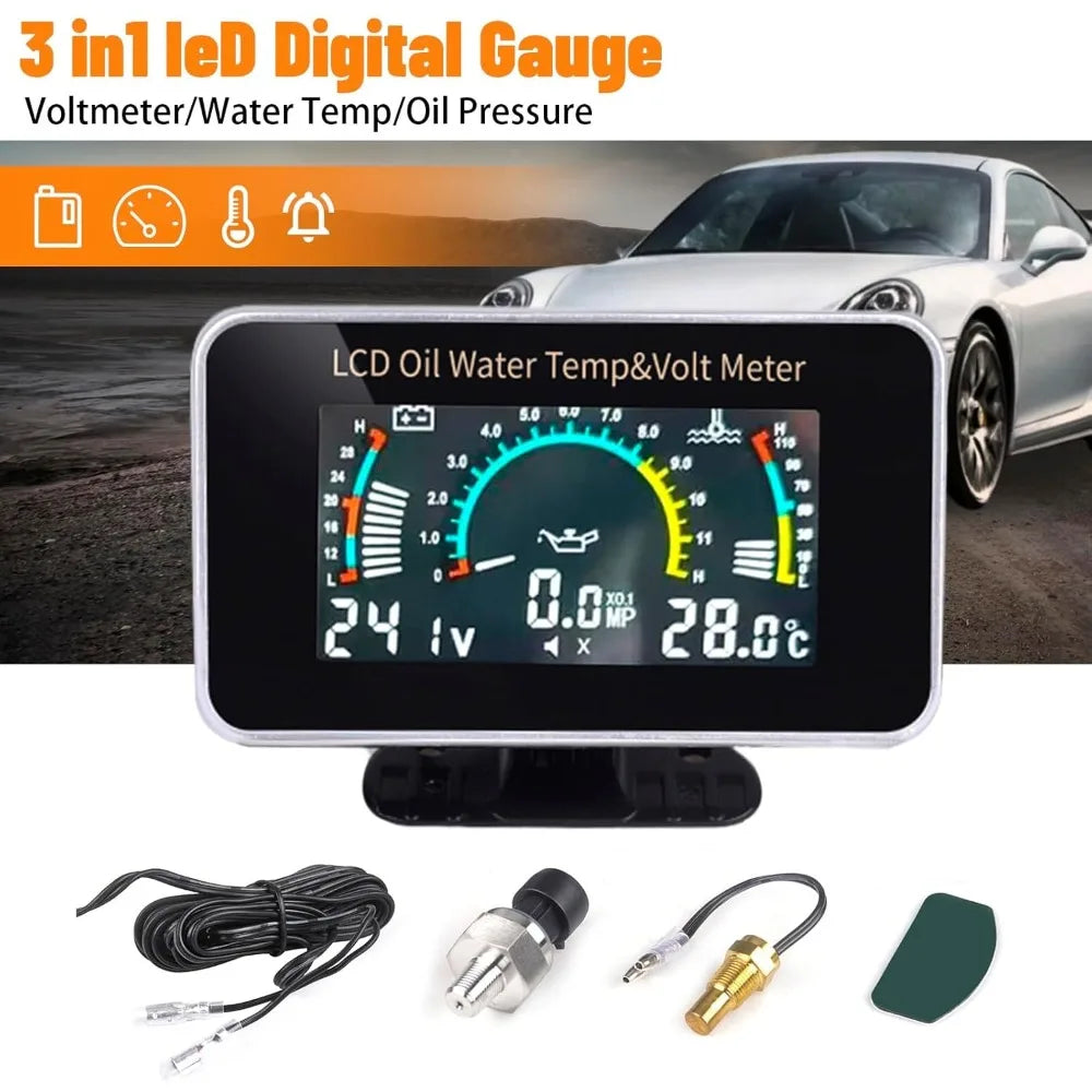 3-in-1 Digital LCD Gauge for Oil Pressure, Water Temp & Voltage | 9-36V
