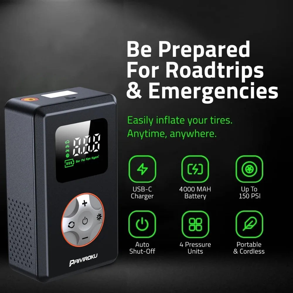 Portable Tire Inflator Cordless Air Compressor | 150 PSI Mini Bike Pump with LED Light MyPetiteCar.com