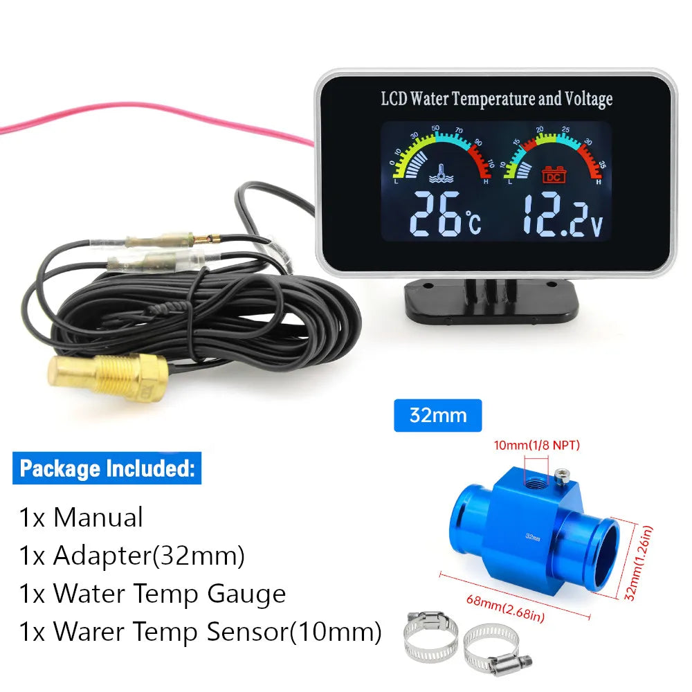 HD Car LCD Water Temperature Meter Thermometer Voltmeter Gauge | 2in1 Temp & Voltage Meter for 12V/24V Vehicles MyPetiteCar.com