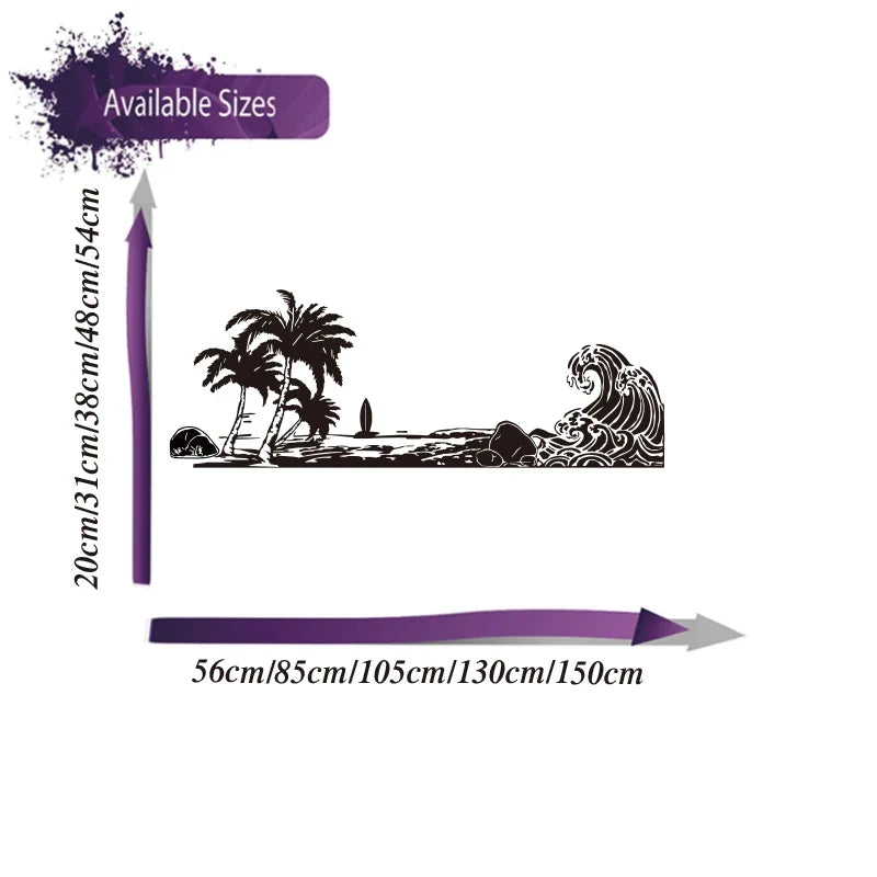 Large Beach Wave Palm Tree Car Sticker Decal | Summer Surf Nature Ocean Landscape for Pickup Tailgate
