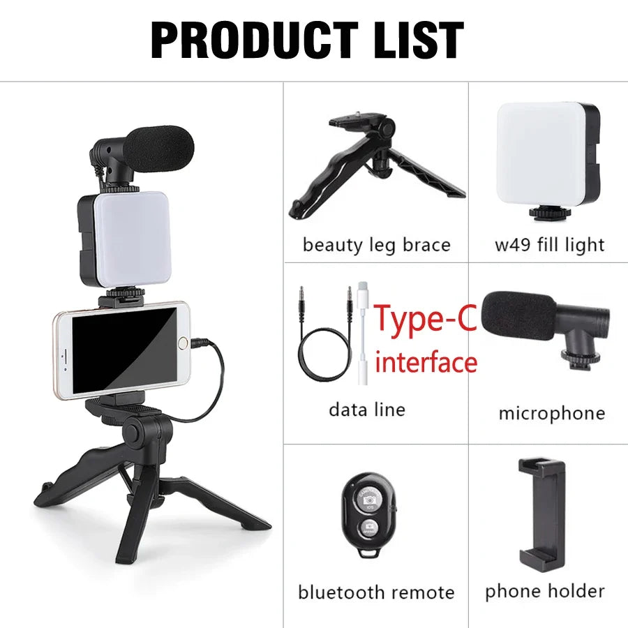Smartphone Vlogging Kit With Tripod Phone Holder Mini Microphone LED Fill Light Starter For TikTok Live Stream Video YouTube