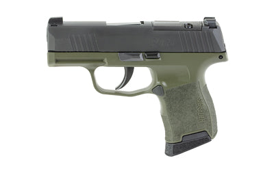 Sig Sauer P365 Fortunate Son |  Semi-automatic |  Striker Fired |  Polymer Frame Pistol |  Sub-compact |  3.1" Barrel |  Nitron Finish |  Green and Black |  Optics Ready |  X-RAY3 Day/Night Sights |  Polymer Grips |  10 Rounds |  2 Magazines Atomic Defense