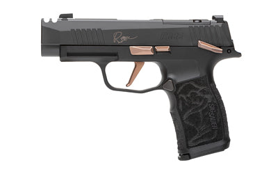 Sig Sauer P365-XL Rose |  Striker Fired |  Semi-automatic |  Polymer Frame Pistol |  Micro-Compact |  9mm |  3.1" Barrel with Integrally Compensated Slide |  Nitron Finish |  Black with Rose Gold Controls and Engraving |  SIGLITE Day/Night Sights |  12 Ro Atomic Defense