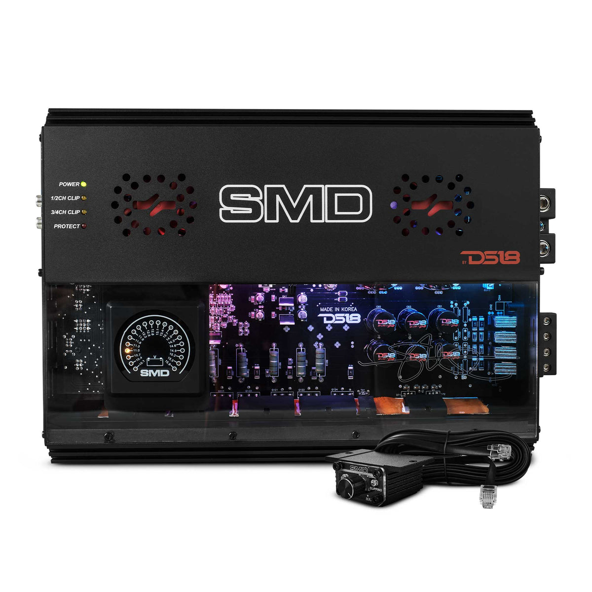 SMD 4-Channel Class AB Amplifier with VM-1 Voltmeter and Digital LED Lights 4 x 300W at 2-Ohm - Steve Meade Designs DS18