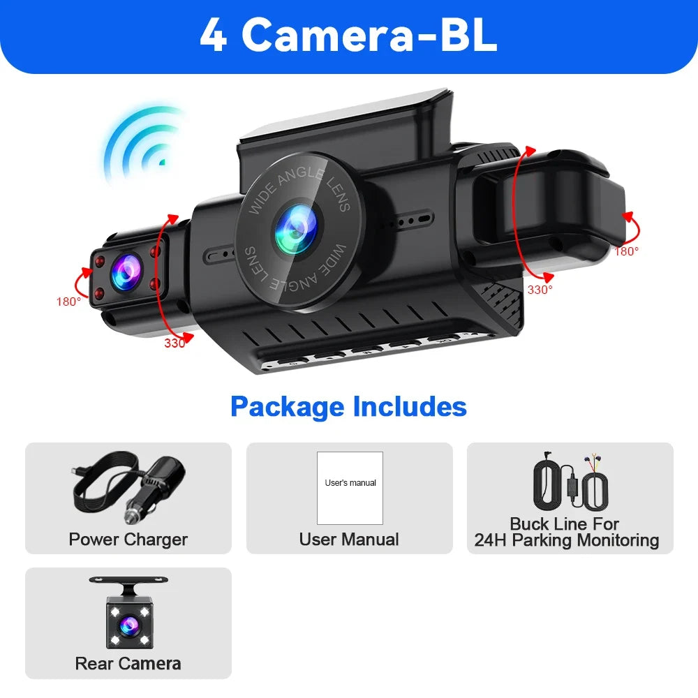 4CH WiFi Dash Cam Front FHD 1080P | 360° Car DVR with Parking Mode