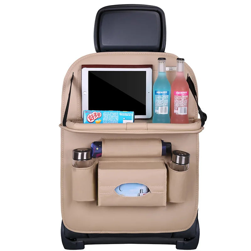 Car Seat Back Organizer PU Leather Foldable Table Tray with Storage Pockets And Kick Mats - Vehicle Interior Accessories MyPetiteCar.com