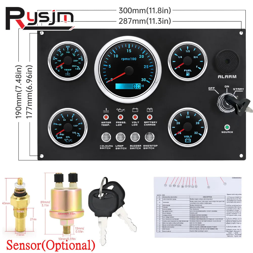 Car Boat Diesel Engine 5 Gauge Instrument Panel Set | GPS Speedometer Tachometer Fuel Oil Pressure Volt MyPetiteCar.com