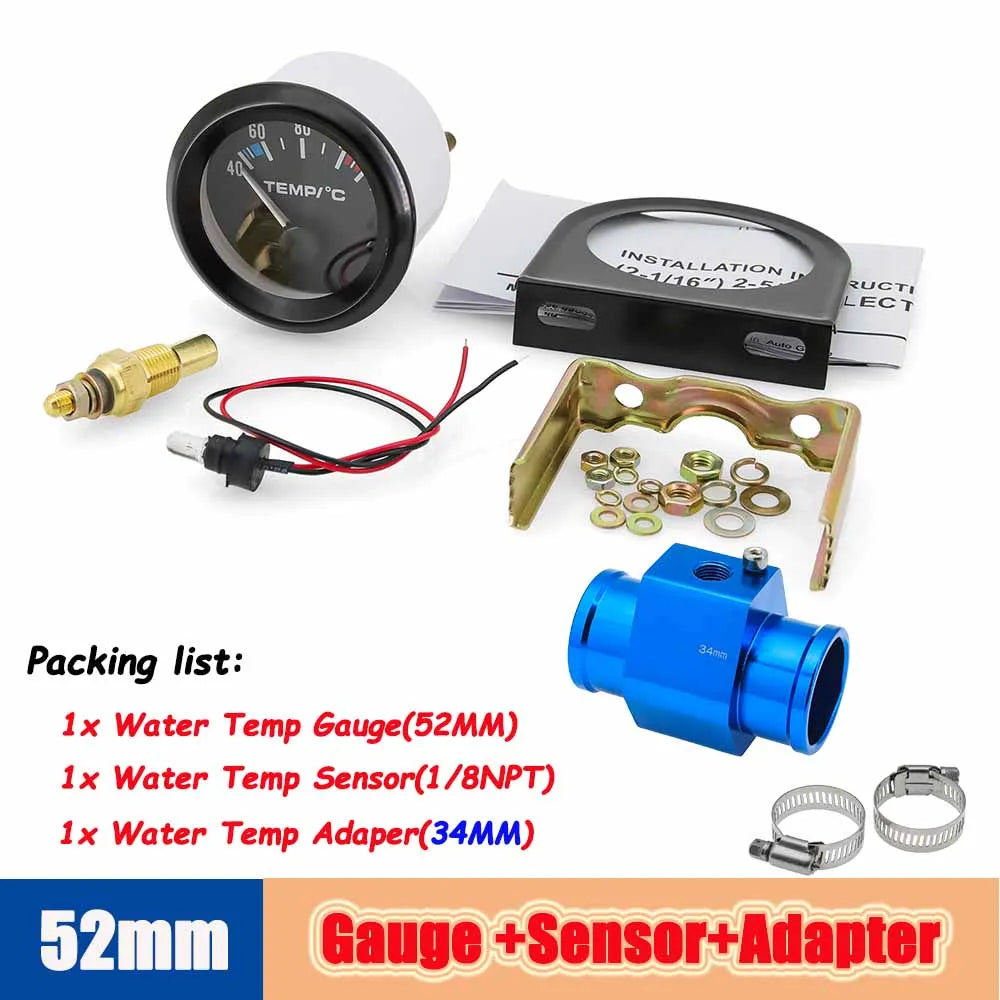 40-120 Celsius Car 52mm Water Temperature Gauge with Adaptor Joint Pipe | Racing 12V Radiator Temp Meter MyPetiteCar.com