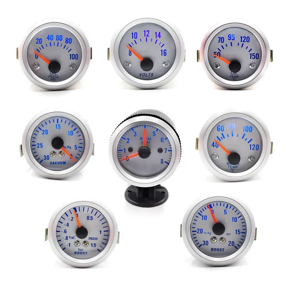 52mm 7-in-1 Car Gauge Set | LED Boost, Water Temp, Oil Pressure & Tachometer