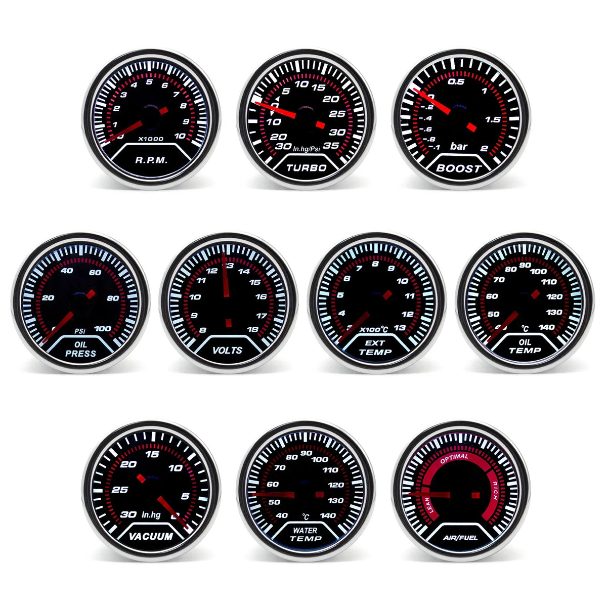 52mm Digital Car Gauge Set | Turbo Boost Oil Temp Water Temp Oil Press Voltage RPM AFR EGT Meter 12V MyPetiteCar.com