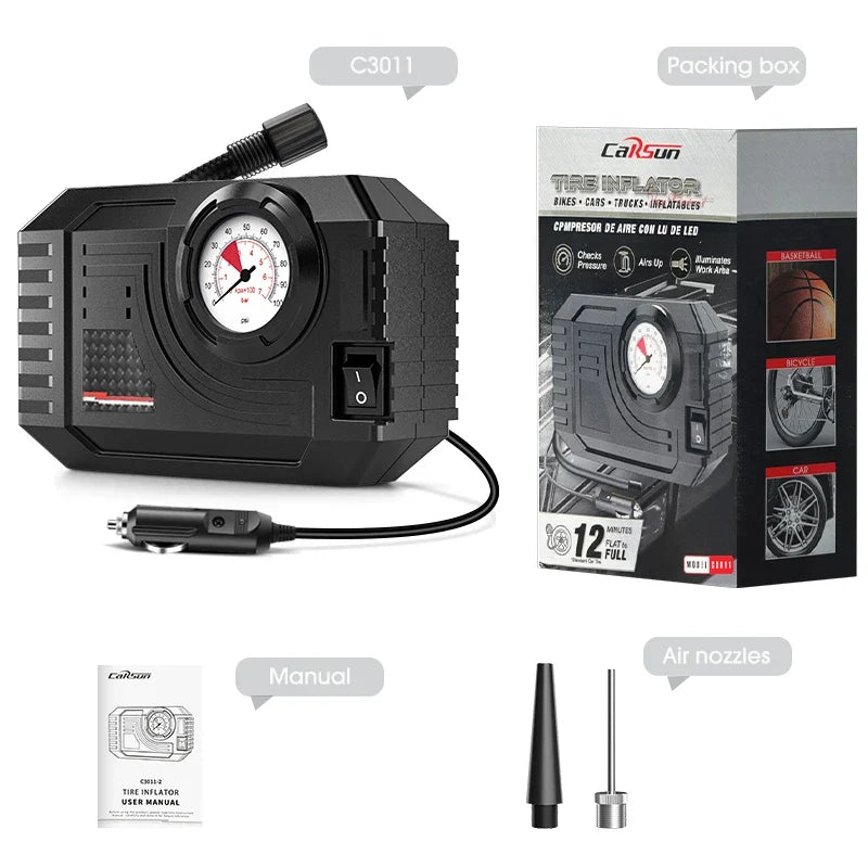 CARSUN Mini Air Pump Tire Inflator Portable Compressor | Digital Wired Car Tyre Inflator for Bicycle Balls MyPetiteCar.com