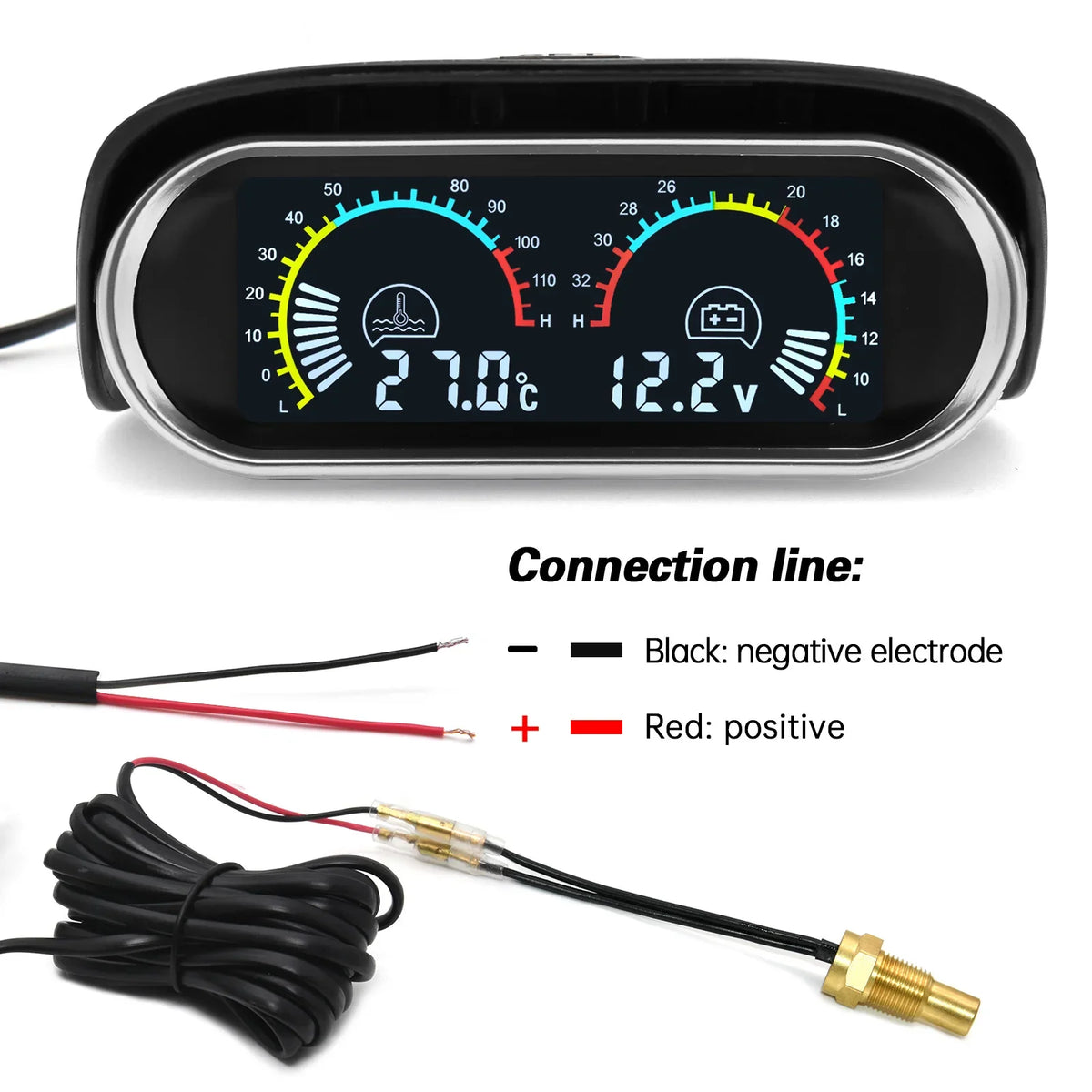 12V 24V Digital Water Temperature Gauge with Volt Meter | 2-in-1 Car Gauge with Sensor