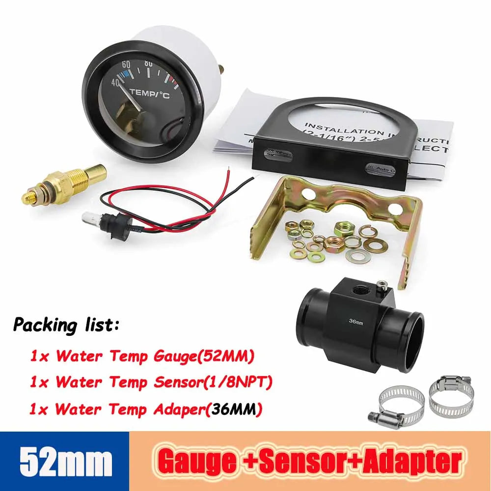 40-120 Celsius Car 52mm Water Temperature Gauge with Adaptor Joint Pipe | Racing 12V Radiator Temp Meter MyPetiteCar.com