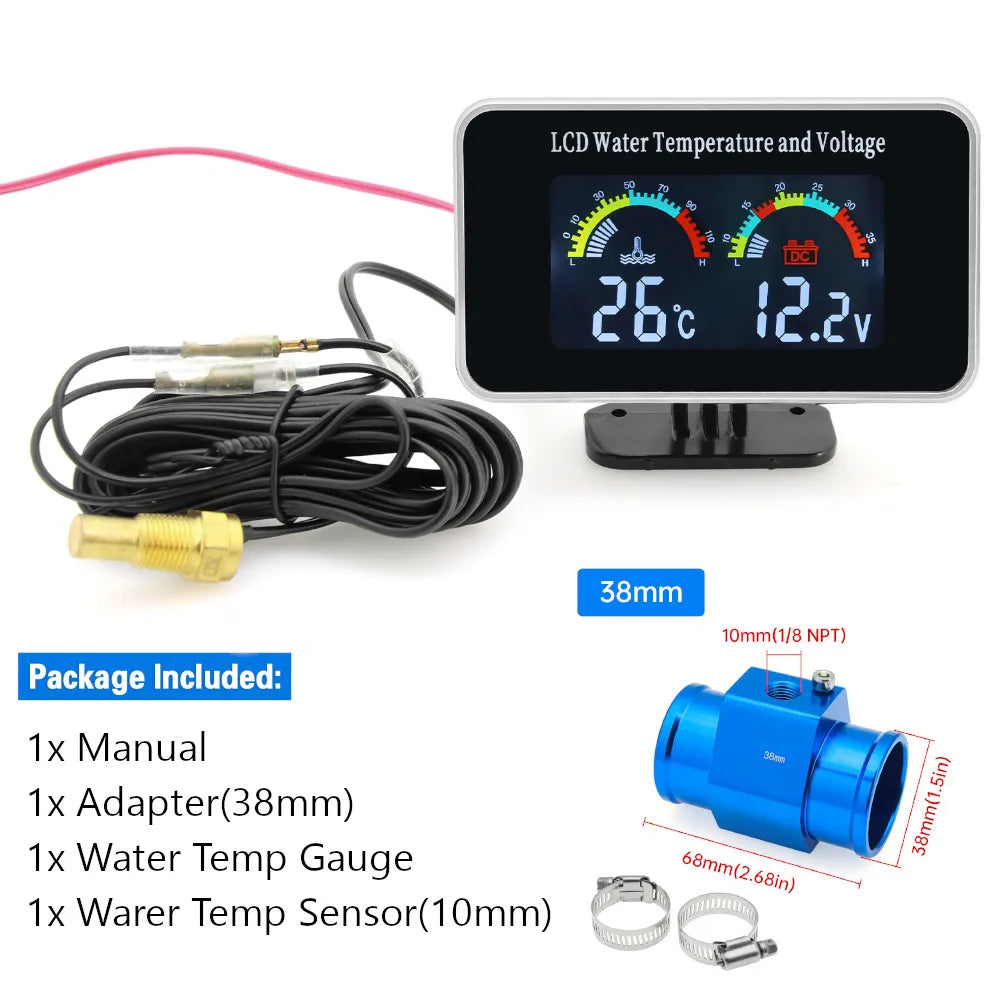 HD Car LCD Water Temperature Meter Thermometer Voltmeter Gauge | 2in1 Temp & Voltage Meter for 12V/24V Vehicles MyPetiteCar.com