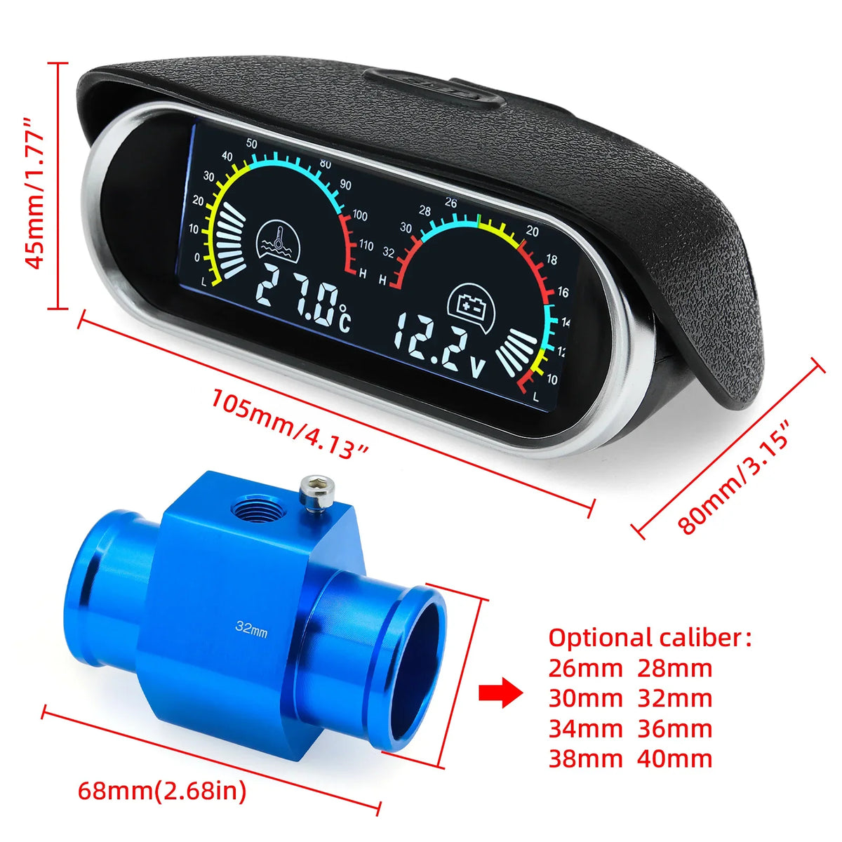 12V 24V Digital Water Temperature Gauge with Volt Meter | 2-in-1 Car Gauge with Sensor