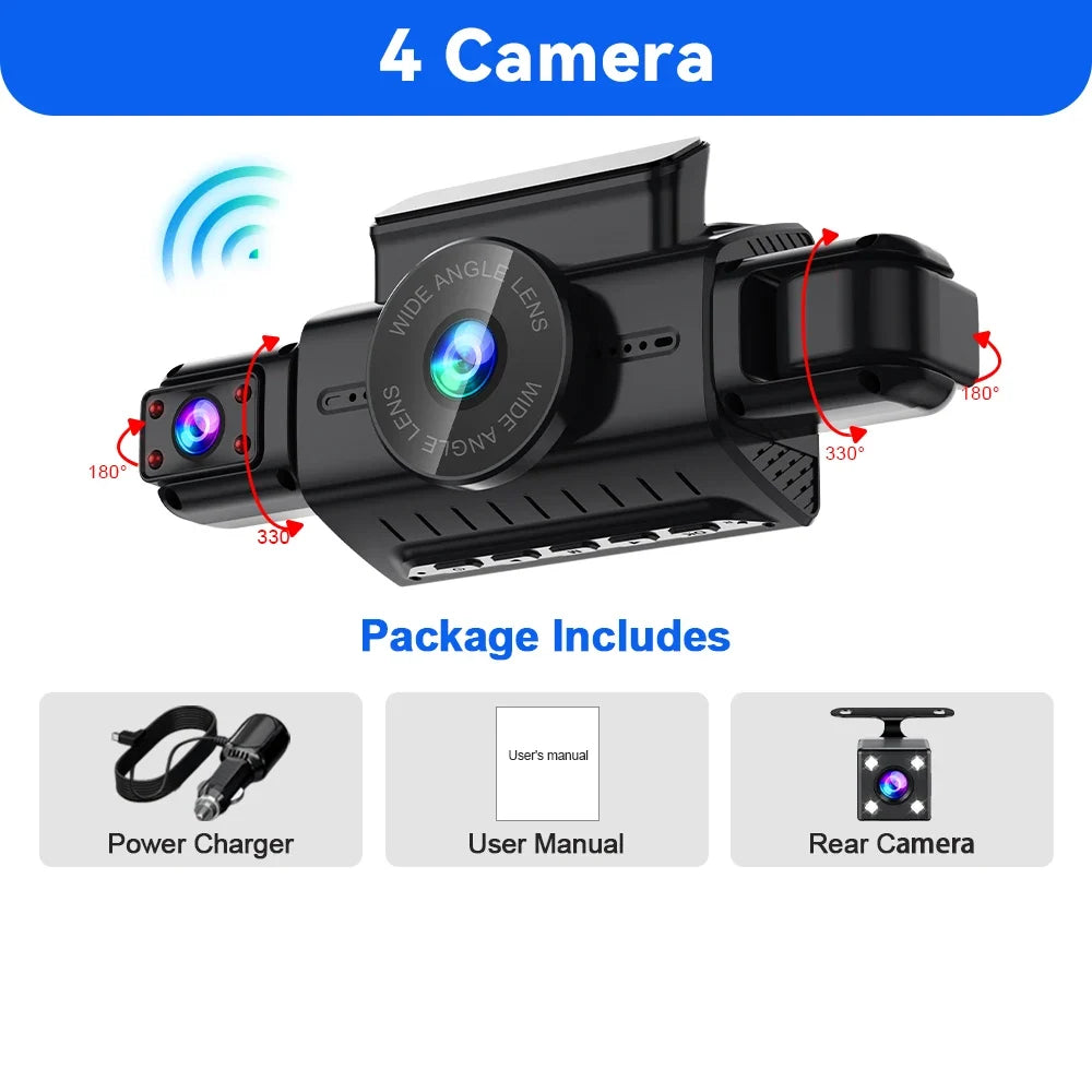 4CH WiFi Dash Cam Front FHD 1080P | 360° Car DVR with Parking Mode