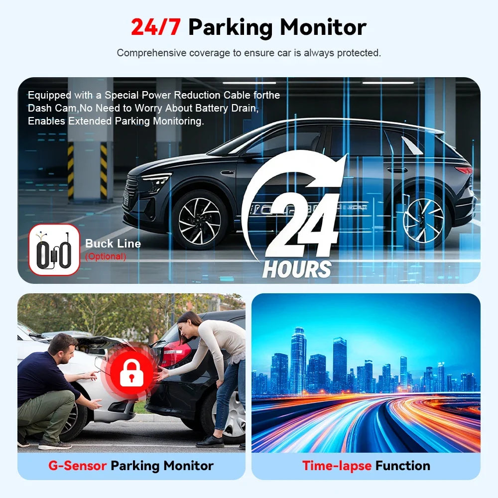 4CH WiFi Dash Cam Front FHD 1080P | 360° Car DVR with Parking Mode