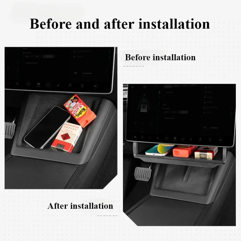 Hidden Storage Organizer Tray for Tesla Model Y Juniper and Model 3 Highland | Under Screen Box MyPetiteCar.com