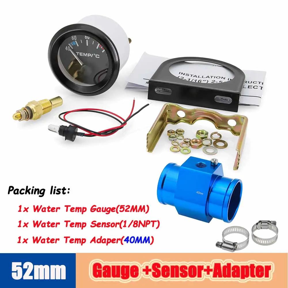40-120 Celsius Car 52mm Water Temperature Gauge with Adaptor Joint Pipe | Racing 12V Radiator Temp Meter MyPetiteCar.com